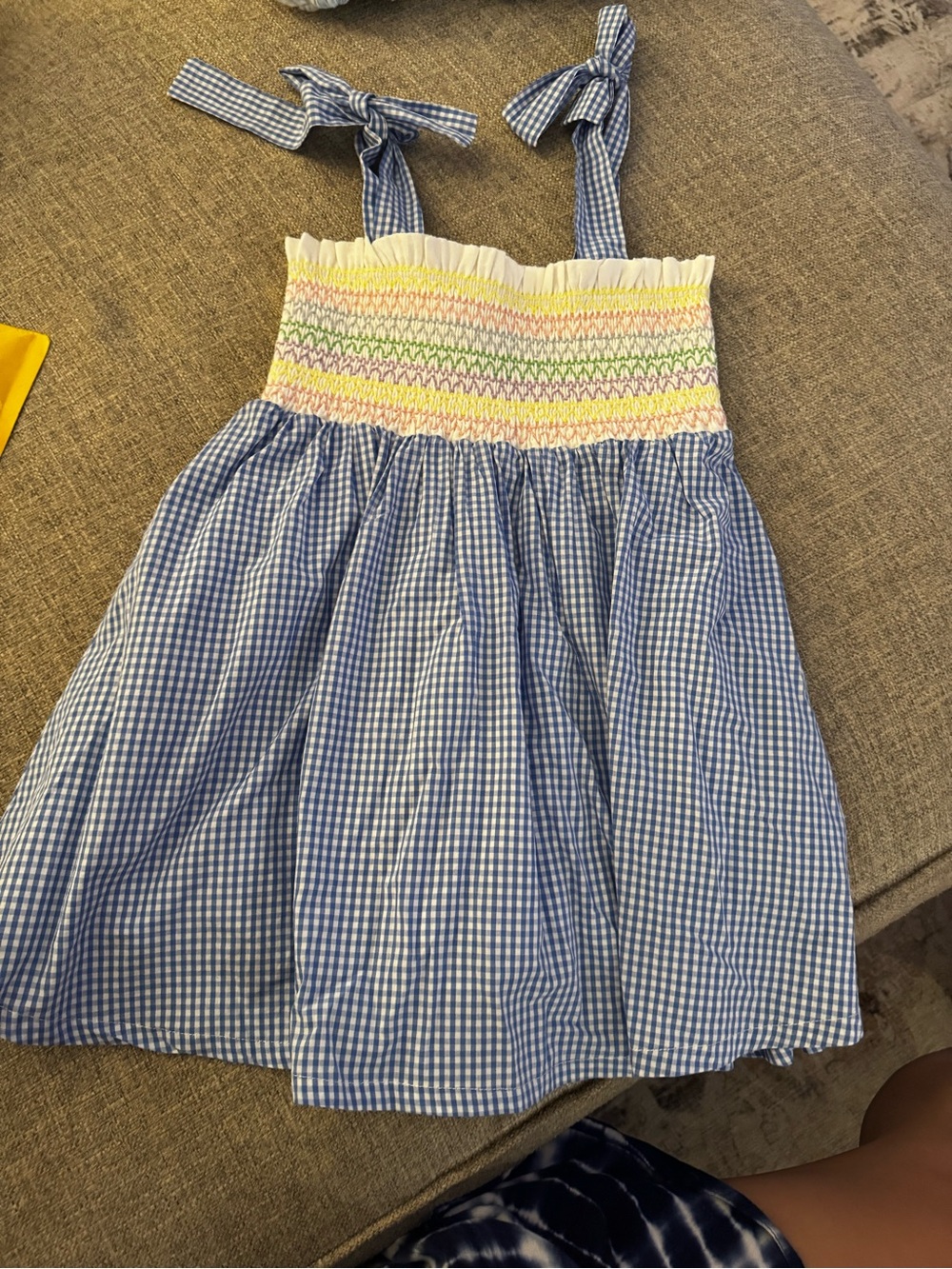 Girls Blue Gingham Smocked Sundress with Bow Straps